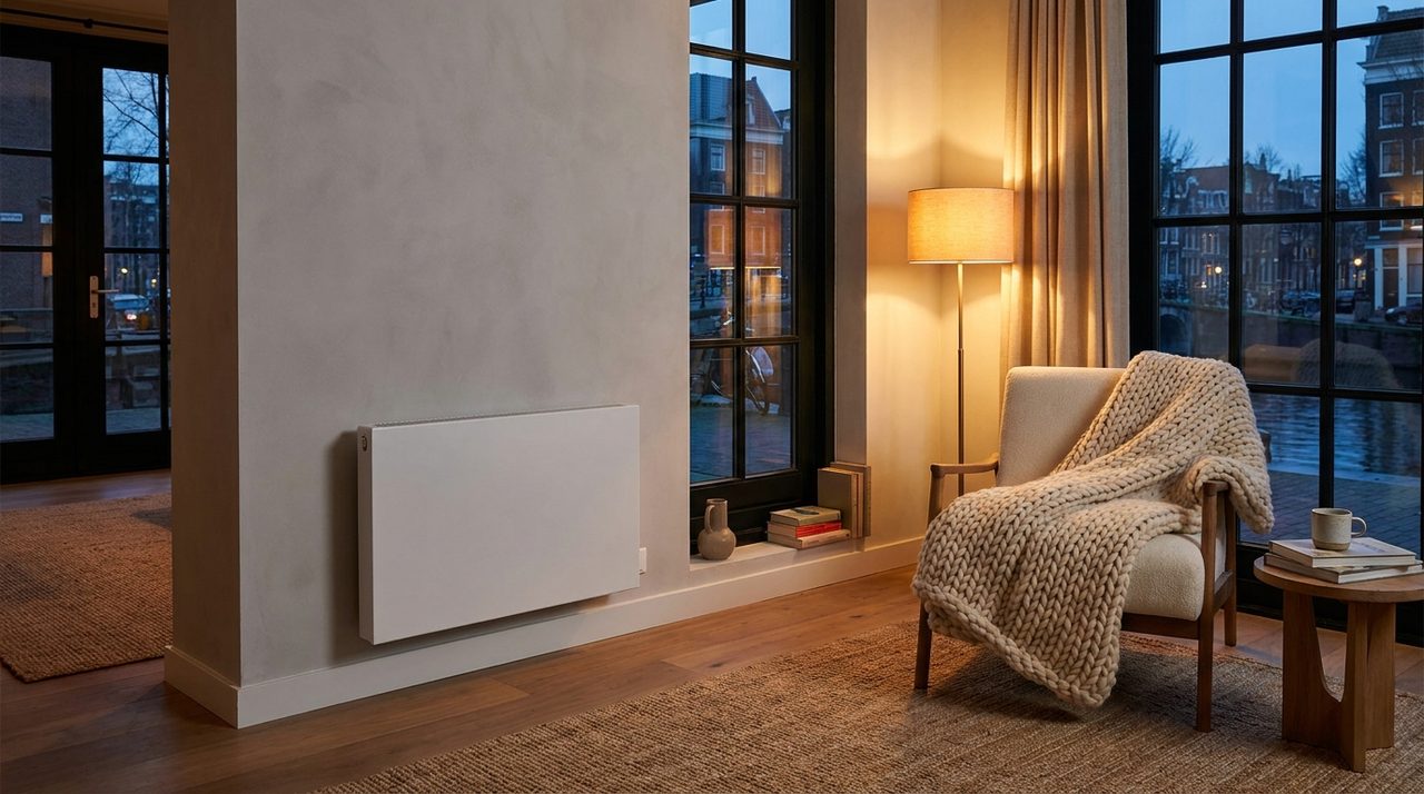 Elektrisch verwarmingspaneel aan de wand van een Nederlandse woonkamer